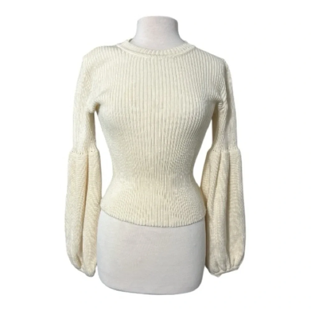 KSENIA SCHNAIDER, Cream Ribbed Knit Sweater with Balloon Sleeves - Picture 1 of 6